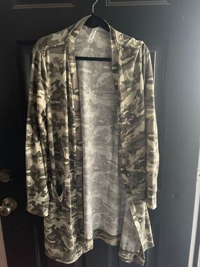 Tickled Teal Camo Open-Front Long Cardigan
